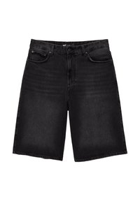 Shorts en denim noir avec une coupe droite, cinq poches et des coutures renforcées. Fermeture à bouton et à zip à la taille.