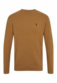 Herrtröja i brunt kabelstickat material med långa ärmar, rund hals, ribbade muddar och nederkant, med en liten broderad logotyp på vänster bröst.