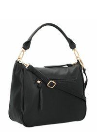 Borsa a tracolla in pelle nera con finitura testurizzata, dettagli in hardware dorato, manico corto e tracolla lunga regolabile. Presenta una tasca frontale con cerniera.