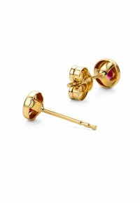 Aukso auskarai su gėlių raštu, su centru raudonu brangakmeniu. Sklandus paviršius ir blizgus apdaila, su variantu, užtikrinančiu saugų dėvėjimą.