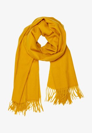 Yellow fringed scarf made of soft, textured fabric, featuring a looped design that adds volume and warmth.