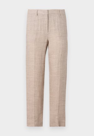 Light beige linen trousers with a straight fit, featuring a textured surface and sharp pleats, designed with side pockets and a button closure.
