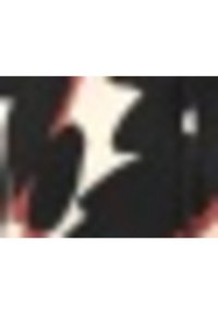 Zwarte stof met een wit bliksemflitspatroon en rode accenten. Het ontwerp is gedurfd, contrasterend en textuurrijk.