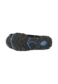 Suola di scarpa in gomma nera con un motivo di battistrada testurizzato, caratterizzata da dettagli blu e un logo al centro. Progettata per la presa e la durata.