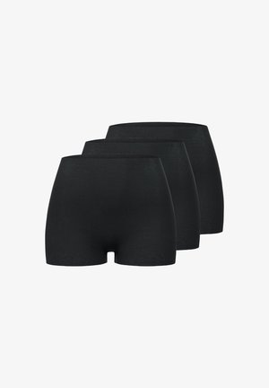 Drei schlichte schwarze nahtlose Boyshort-Unterhosen übereinander gestapelt, aus glattem, dehnbarem Stoff mit mittelhohem Bund.