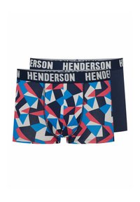 Dwie pary męskich slipów. Jedne mają geometryczny wzór w czerwonym, niebieskim i białym kolorze; drugie są w jednolitym granatowym kolorze z szarym pasem.