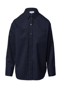 Marineblaues Langarmhemd mit weißen Nadelstreifen, zwei Brusttaschen, Knopfleiste und einem klassischen Kragen aus glattem Stoff.