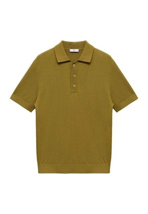 Olivgrünes Polo-Shirt mit kurzen Ärmeln, geripptem Kragen, Drei-Knopf-Blende und einem taillierten Saum. Stricktextur im gesamten Stoff.