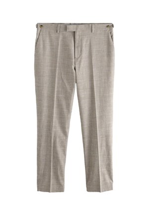 Pantalones a cuadros en gris claro con frente plano, dos bolsillos laterales y una cinturilla con pasadores para cinturón, fabricados en tejido tejido con una textura suave.