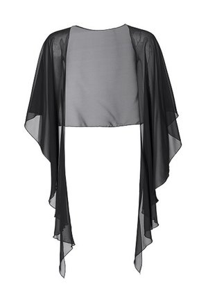 Black sheer chiffon bolero with wide, flowing sleeves and asymmetrical hem, designed as a lightweight cover-up.