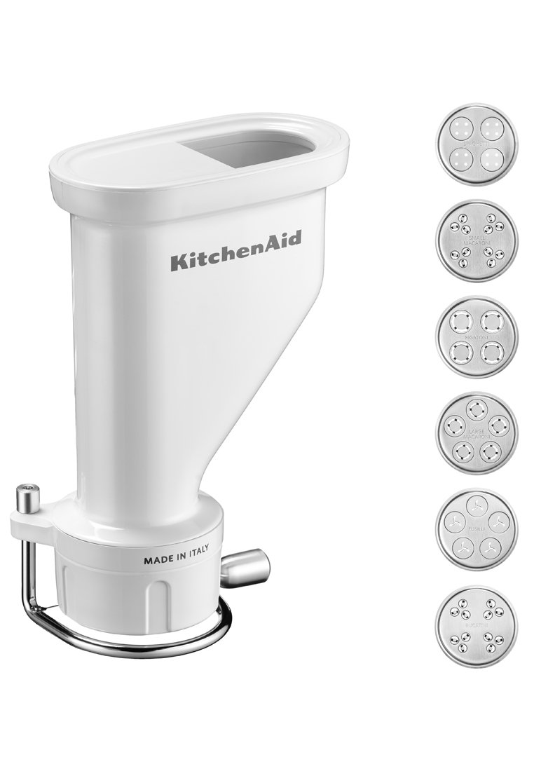 Przypinany do robota kuchennego KitchenAid krajalnica do warzyw w białym plastiku z chromową podstawą; zawiera pięć metalowych dysków tnących o różnej wielkości otworów.