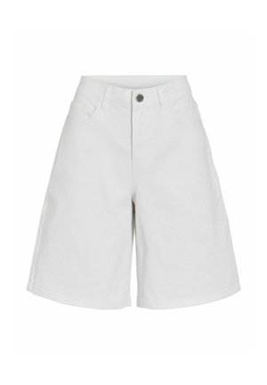 Witte dames denimshorts tot op de knie met riemlussen, voorsluiting met knoop, rits en zakken.