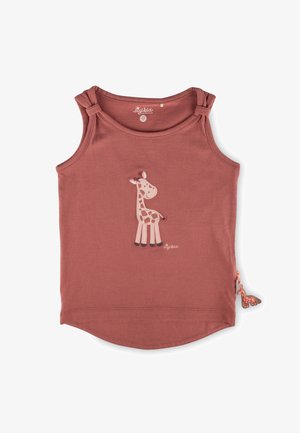 Kindertanktop in Rostfarbe mit gebundenen Trägern, versehen mit einer lächelnden Giraffen-Illustration und einem kleinen Giraffenanhänger an der Seitennaht.
