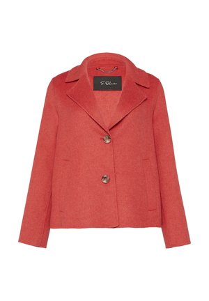 Veste en mélange de laine rouge avec un col, fermeture à boutons et poches latérales. Elle possède une texture douce et une coupe ajustée.