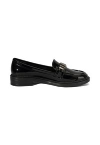 Black patent leather loafer with low heel and decorative metallic buckle on vamp, shown in side profile on white background.