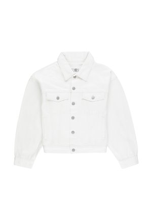 Giacca in denim bianco con maniche lunghe, colletto, chiusura frontale con bottoni, due tasche sul petto e dettagli di cucitura sottili.
