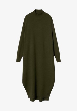 Abito in maglia verde oliva con scollo alto, maniche lunghe, vestibilità over e orlo curvo. Realizzato in tessuto morbido e testurizzato.