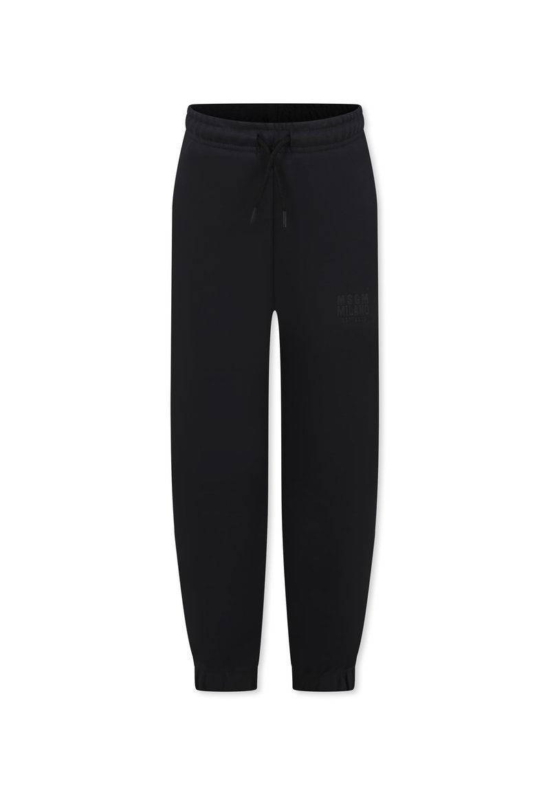 Zwarte sweatpants van zachte stof, met een elastische tailleband met een trekkoord en elastische boorden bij de enkels, voorzien van een logo-detail.
