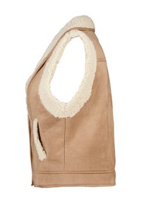 Tan faux suède vest met een crème faux shearling kraag en voering. Voorzien van zijzakken en een mouwloos ontwerp. Zachte textuur overal.