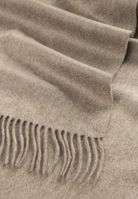 Beige wool blanket with a soft texture, featuring a fringed edge and flowing folds. The fabric appears warm and cozy.