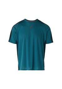 Maglietta sportiva a maniche corte in teal con un motivo testurizzato, pannelli laterali neri e un colletto tondo arricchito da un bordo rosso.