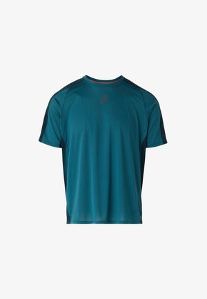 Lyhythihainen urheilu-paita teal-värissä, jossa on teksturoitu pintakuvio, mustat sivupaneelit ja pyöreä kaula-aukko, jota korostaa punainen reunus.