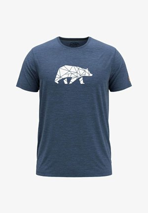 Navy blauwe katoenen T-shirt met een witte geometrische berenontwerp op de voorkant. Ronde hals, korte mouwen en een gladde textuur.