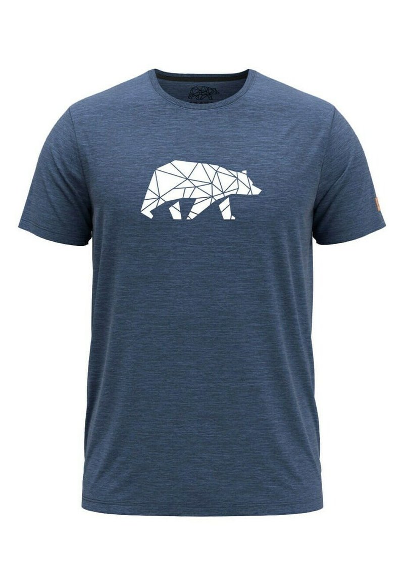 Camiseta de algodón azul marino con un diseño geométrico de oso blanco en el frontal. Cuello redondo, mangas cortas y una textura suave.
