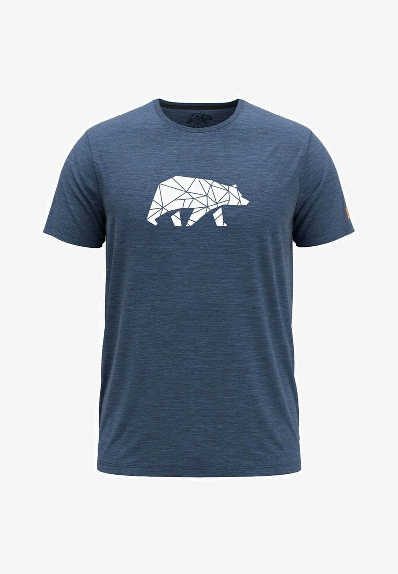 Navy blauwe katoenen T-shirt met een witte geometrische berenontwerp op de voorkant. Ronde hals, korte mouwen en een gladde textuur.