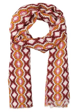 Écharpe avec un motif répétitif de diamants géométriques en blanc, marron, orange et rose, avec des bords frangés et un tissu doux et léger.