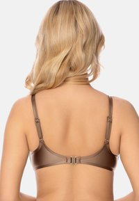 Reggiseno in satin marrone con spalline regolabili, texture liscia e chiusura a gancio sul retro. Design minimalista senza motivi.