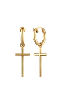 Goldene Creolen mit einem hängenden Kreuzanhänger. Die Ohrringe verfügen über eine glatte, polierte Oberfläche und ein kreisförmiges Hoop-Design.