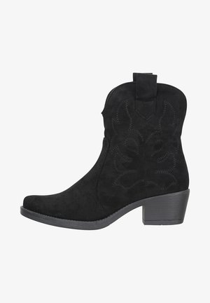 Schwarze Wildleder-Ankle Boots mit gesticktem Blumenmuster, spitzer Zehenpartie und niedrigem Blockabsatz. Mit einer Zuglasche an der Rückseite für einfaches An- und Ausziehen.