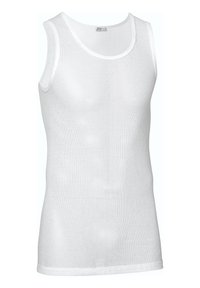 Hvid ærmeløs tanktop lavet af mesh-stof, med en rund halsudskæring og trimdetaljer. Letvægts med en åndbar tekstur.