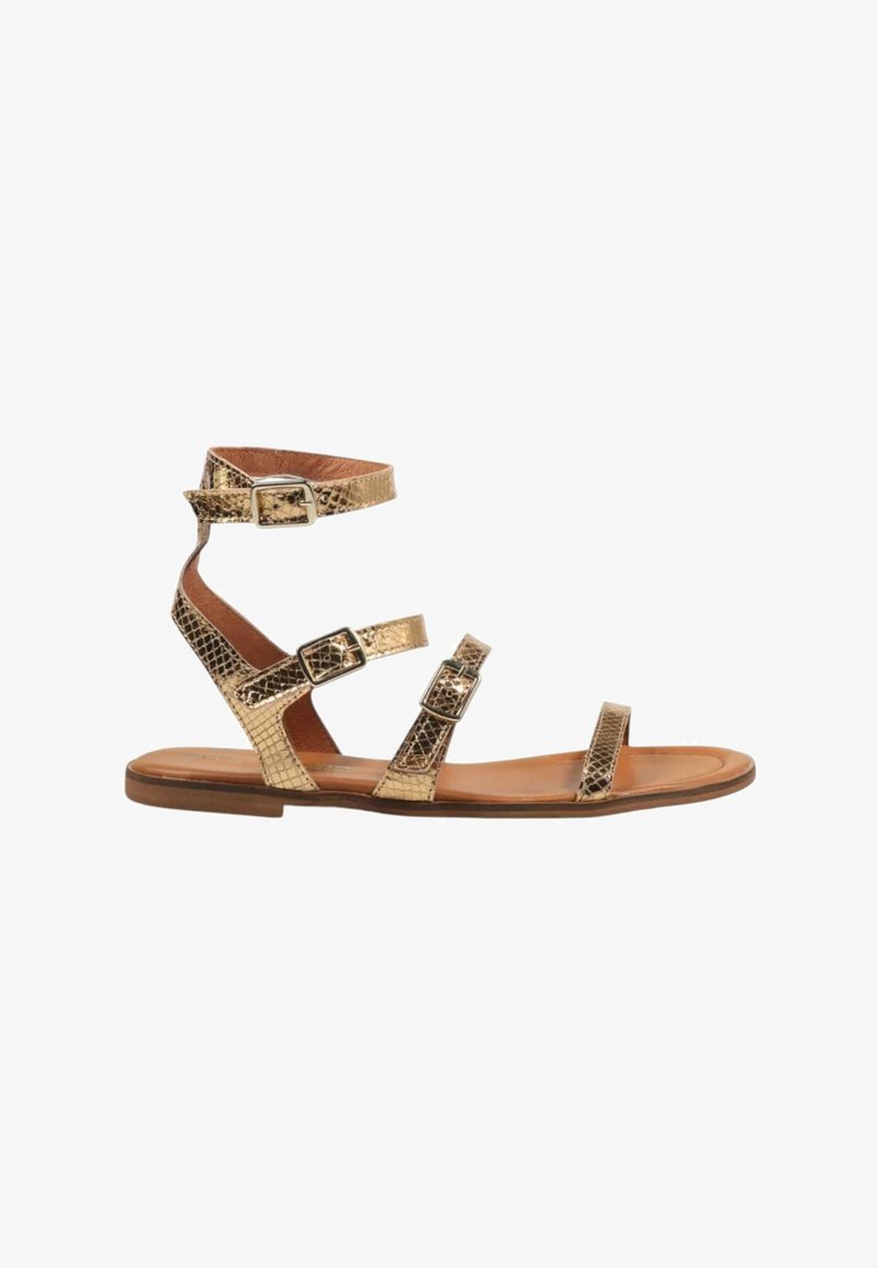Sandalia plana de piel de serpiente dorada con múltiples correas ajustables y herrajes metálicos. Planta de cuero marrón y un ligero tacón.