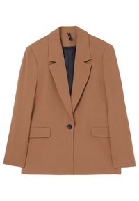Blazer marron avec une coupe structurée, revers à encoche, fermeture à un bouton et deux poches frontales. Doublé d'un intérieur sombre contrastant.