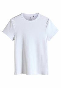 Schlichtes weißes T-Shirt mit kurzen Ärmeln, flach ausgelegt, verfügt über eine gerippte Textur und einen runden Ausschnitt.