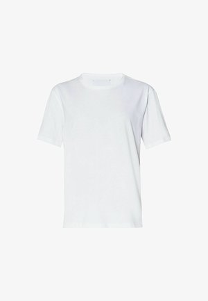 T-shirt bianca a maniche corte con scollatura rotonda, realizzata in cotone. Tessuto liscio con un design semplice, senza motivi o decorazioni visibili.