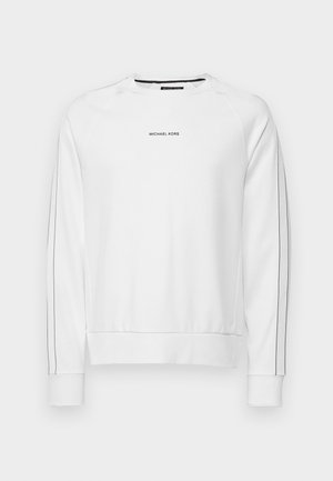 White sweatshirt with logo "MICHAEL KORS" on the chest. Features ribbed cuffs and hem, raglan sleeves, and contrasting side stripes.