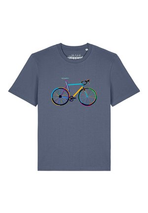 T-shirt bleu-gris avec un motif coloré d’un vélo de course centré sur la poitrine.