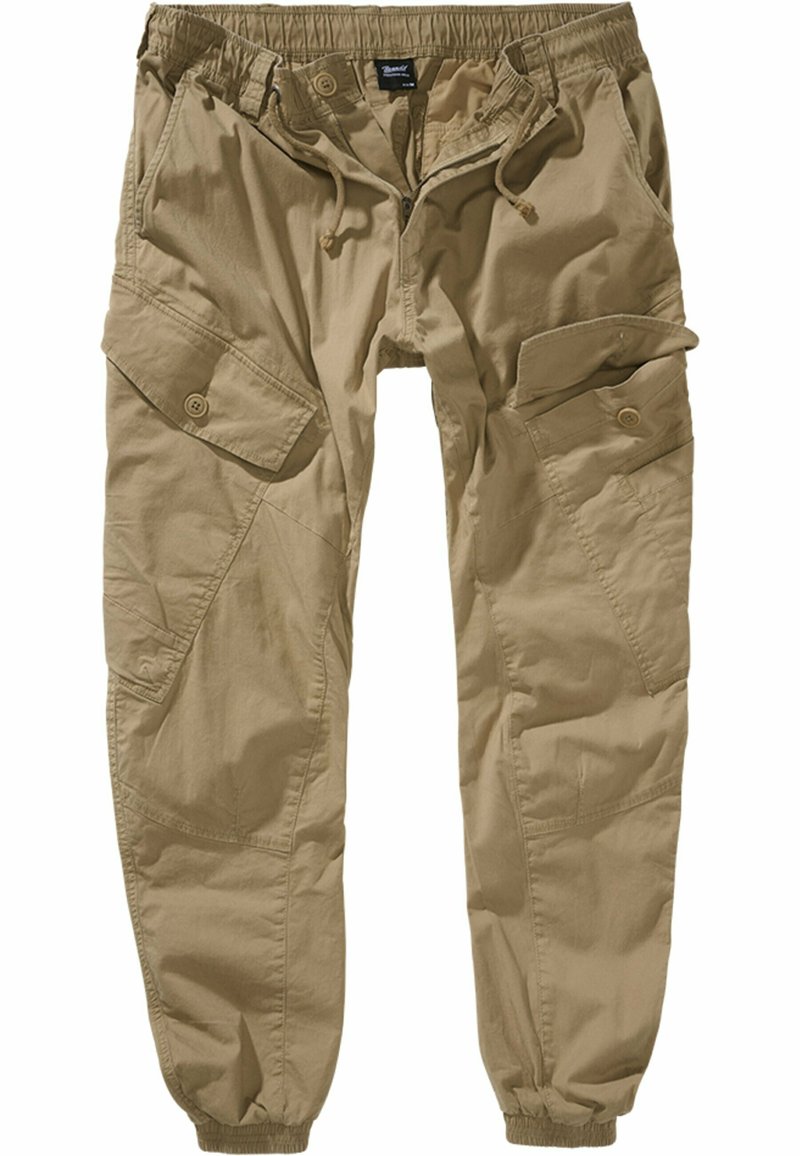Pantalones cargo caqui con cintura elástica, cordón y múltiples bolsillos laterales. Material ligero, con un ajuste relajado y tobillos ajustados.