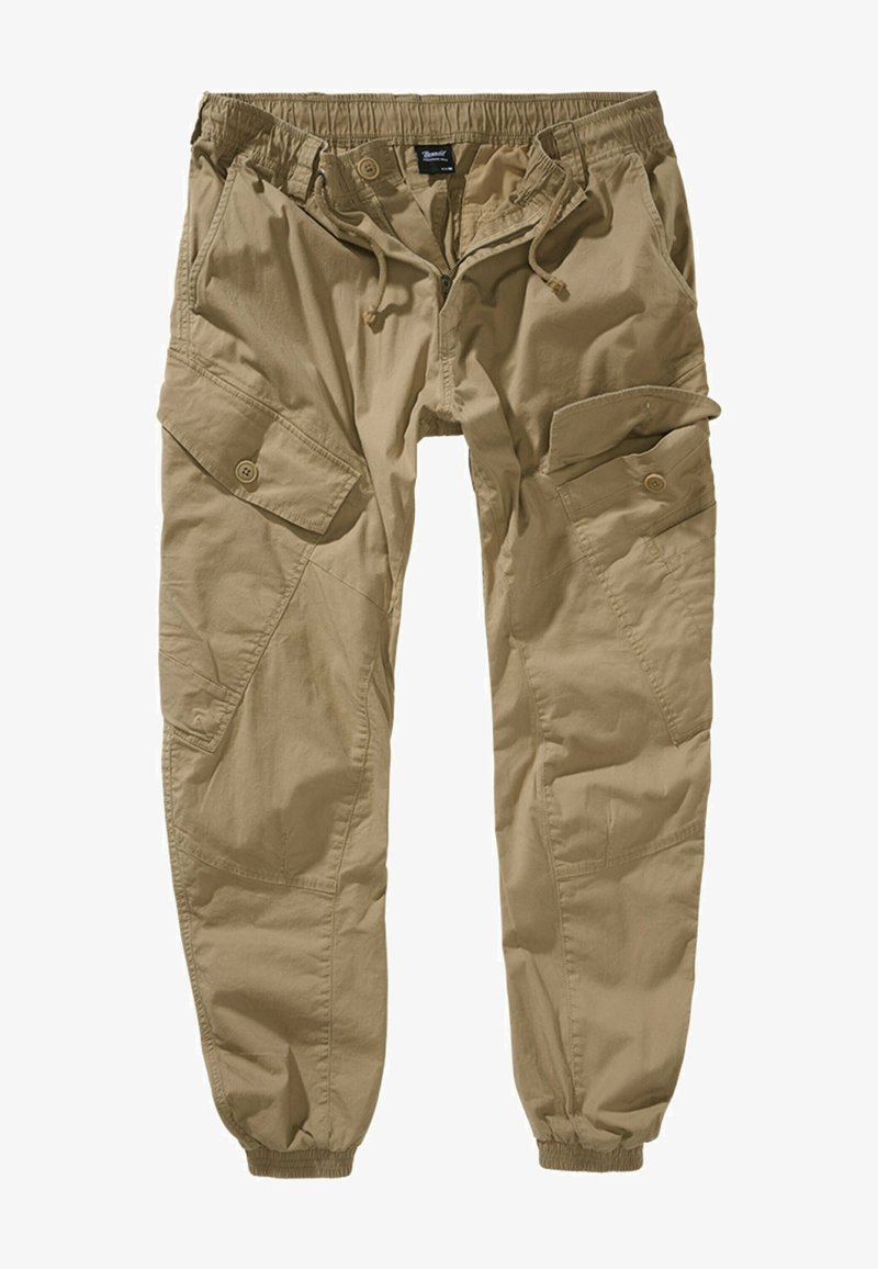 Khaki cargo bukser med elastisk talje, snor og flere sidelommer. Materialet er let, med en afslappet pasform og tætsiddende ankler.