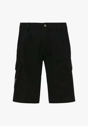 Schwarze knielange Cargo-Shorts mit Knopfverschluss, Gürtelschlaufen und Klappentaschen auf beiden Seiten.