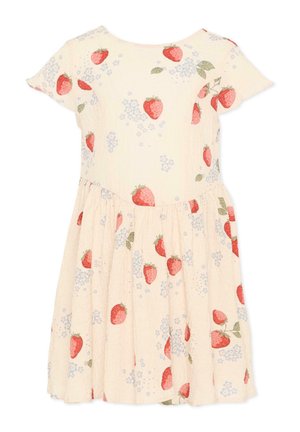 Kremowa sukienka z krótkim rękawem w czerwone truskawki oraz małe niebieskie kwiaty, z taliowanym pasem i spódnicą sięgającą kolan.