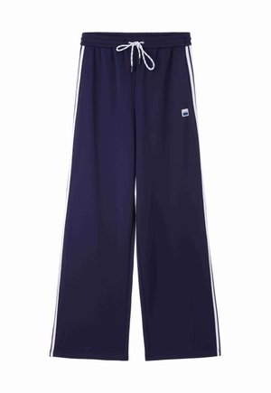 Marine-blaue Culotte aus weichem Stoff, mit weißen Seitenstreifen und einem Kordelzugbund. Geeignet für legere Kleidung.