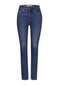 Jeans ajustados en denim azul oscuro, con una cintura de altura media, cinco bolsillos y una textura suave con un ligero desgaste.