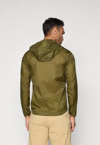 Olive green, lightweight jacket with a hood, featuring a smooth texture and elastic cuffs; practical design suitable for outdoor use.