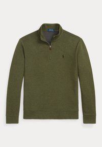 Olivgr üner Quarter-Zip-Pullover aus weichem Strickmaterial, mit gerippten Bündchen und kleinem gestickten Logo auf der Brust.