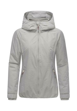 Veste à capuche gris clair avec fermeture éclair devant, poches latérales et poignets élastiques. Tissu doux et lisse avec un design minimaliste.