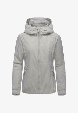 Lys grå hættejakke med lynlås foran, sidelommer og elastiskeærmer. Blødt, glat stof med et minimalistisk design.